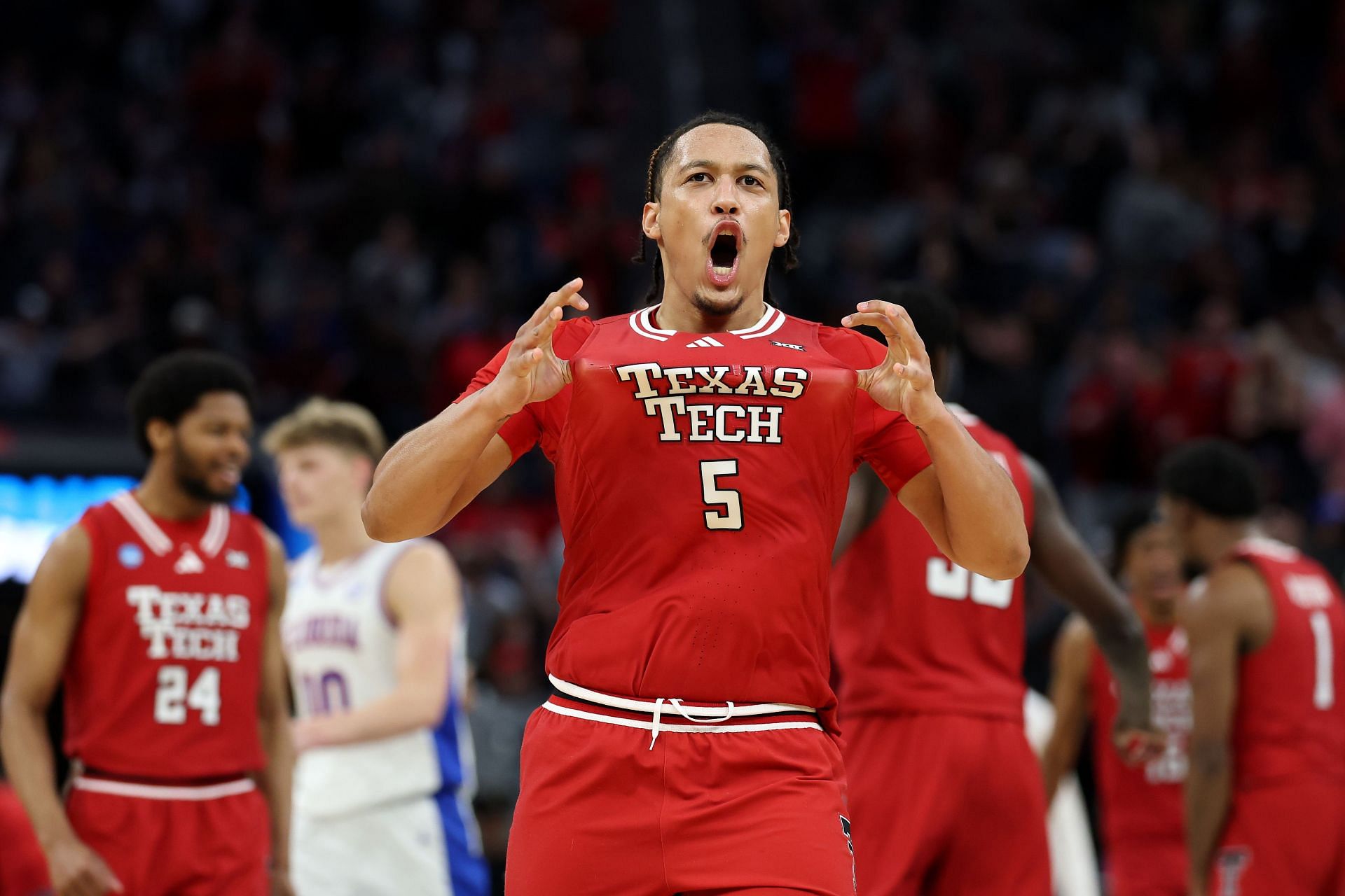 Darrion Williams (#5) of Texas Tech celebrates during the second half against Florida Gators in the Elite Eight round of the 2025 NCAA Tournament. Photo: Getty